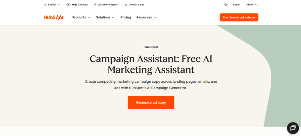 Hubspot Campaign Assistant AI landing page copywriting