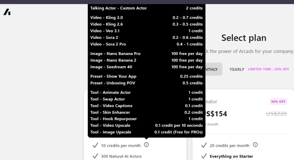 arcads ai review - how credits are calculated